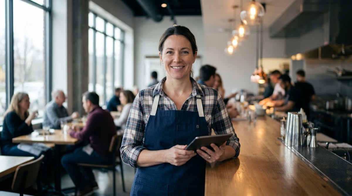 Gastronomin mit Tablet-Kasse in ihrem Restaurant